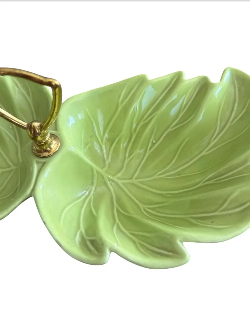 Vintage USA Ceramic Double Leaf Relish Candy Nut Dish Gold Handle Lime Green